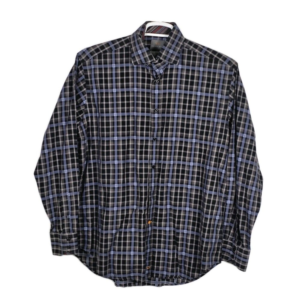Thomas Dean Large Navy Blue & Gray Plaid Long‎ Sleeve Button Up Shirt
